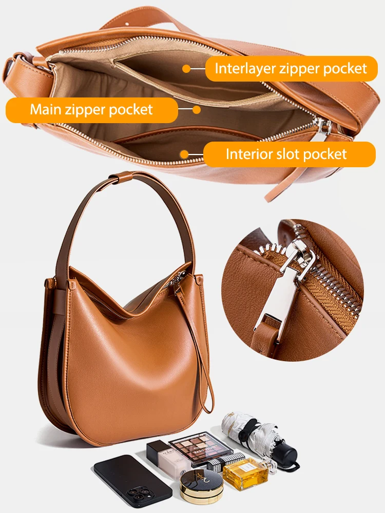 Zency Women Brown Messenger Bag Soft Leather Fashion Girl Handbags Luxury Designer Shoulder Large Capacity Hobo Bag For Commuter