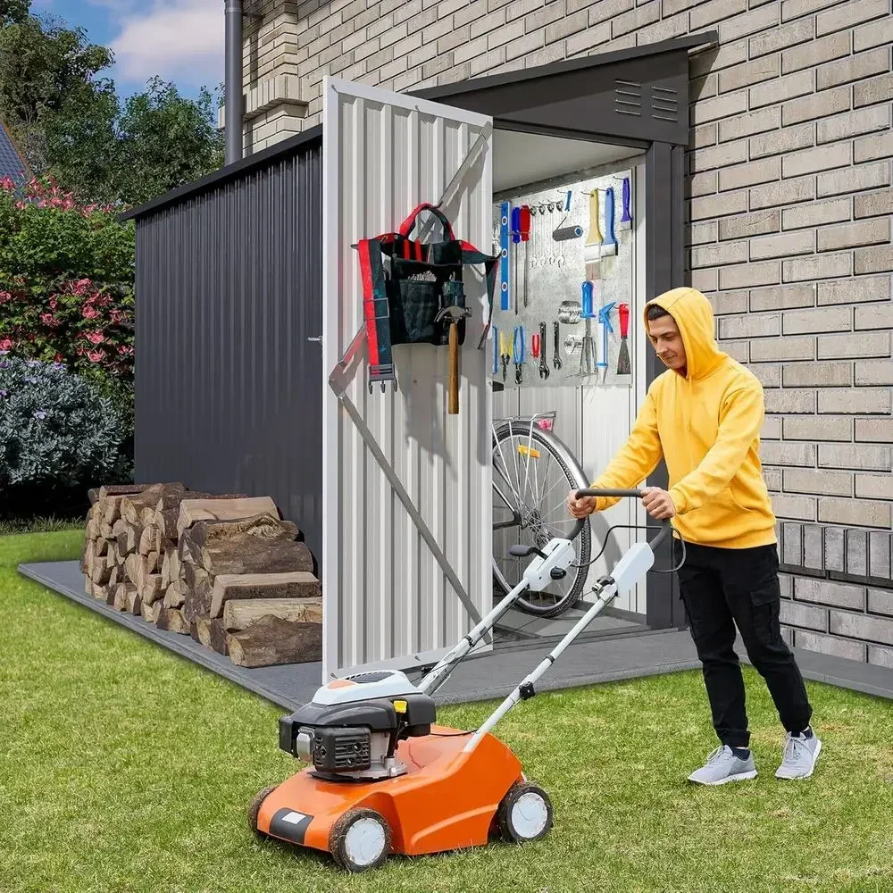 4x8 Lean-to Metal Storage Shed with Lockable Cabinet for Outdoor Tools, Bikes, and Mowers, Black