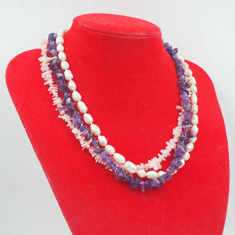 3 strands of natural coral/pearl/crystal very beautiful combination necklace 18