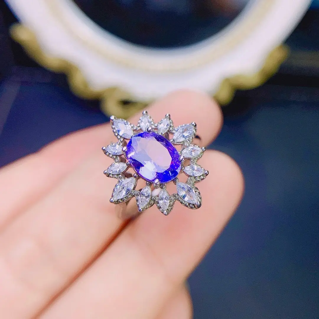 

ZECAA Tanzanite Fine Jewelry Woman Tanzanite Ring With Natural Tanzanite Gemstone 6*8mm Silver Lady Tanzanite Ring For Woman