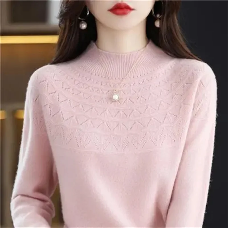 Women\'s New Cashmere Sweater Autumn Winter 100% Pure Wool Bottoming Shirts Knitted Pullover Hollowed-out Knitwear Soft Jumpers