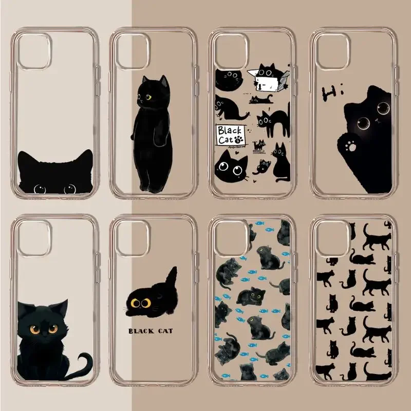 Black Cat cute animal cartoon Phone Case Transparent soft For iphone 11 13 12 14 15 pro max mini plus