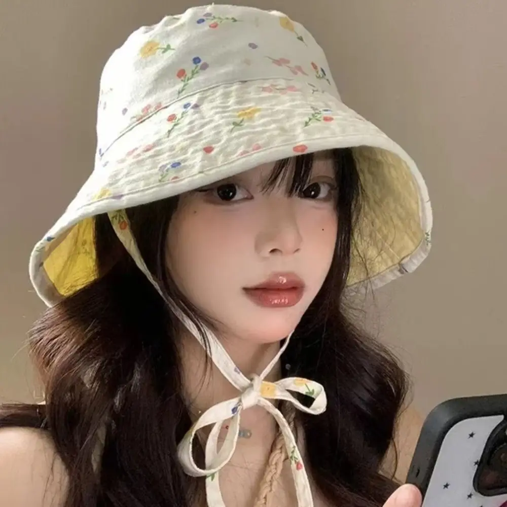 Floral Print Panama Bucket Hats Double Sided Reversible Women Fisherman Hat Cute Sweet Sun Protection Summer Sun Hats