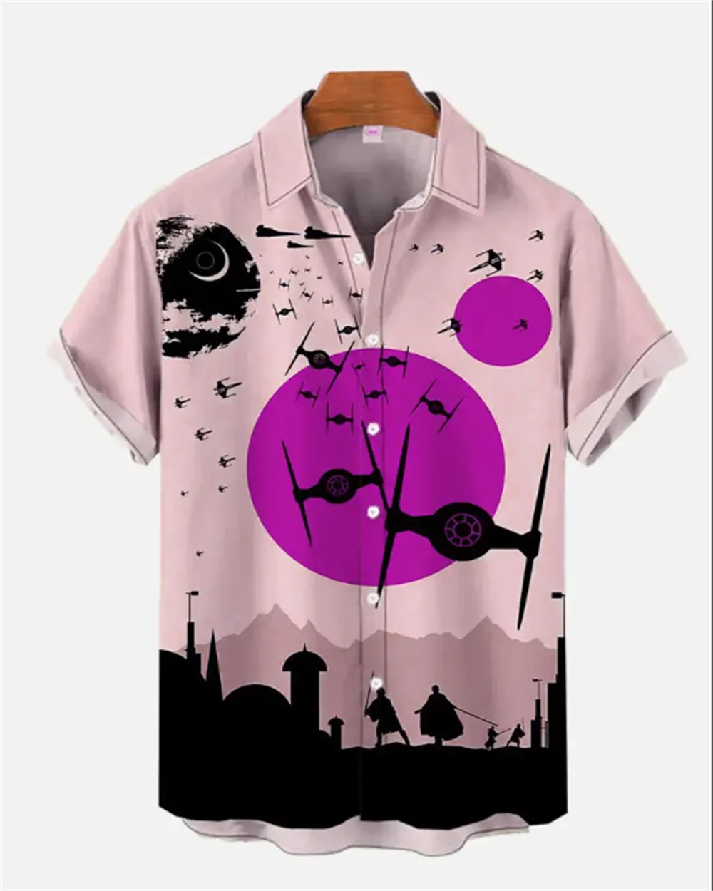 Space War Spaceship and Warrior Red Sun silhouette Short sleeved shirt Comfortable and fashionable men\'s shirt oversized design