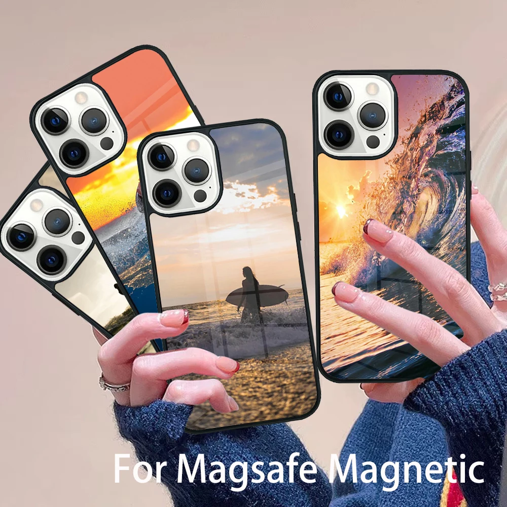 

Beach Surf Board Ocean Waves Phone Case Magesafe Magnetic Wireless Charge Cover For IPhone 16 11 12 13 14 15 Pro Max Plus Mini