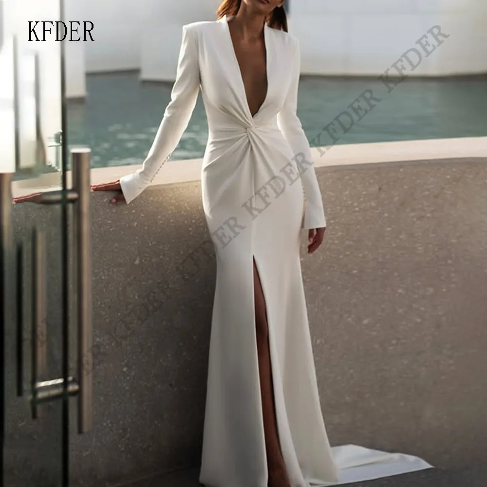 Elegant Deep V Neck Satin Wedding Dresses Mermaid Pleated Fairy Bride Prom Gown Draped Vintage Bridal Gowns Customized