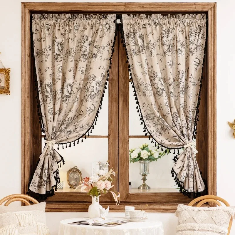 

American Printed Black Tassel Cotton Linen Curtains for Living Room Bedroom Window Celebrity Rental House Retro Pastoral Style