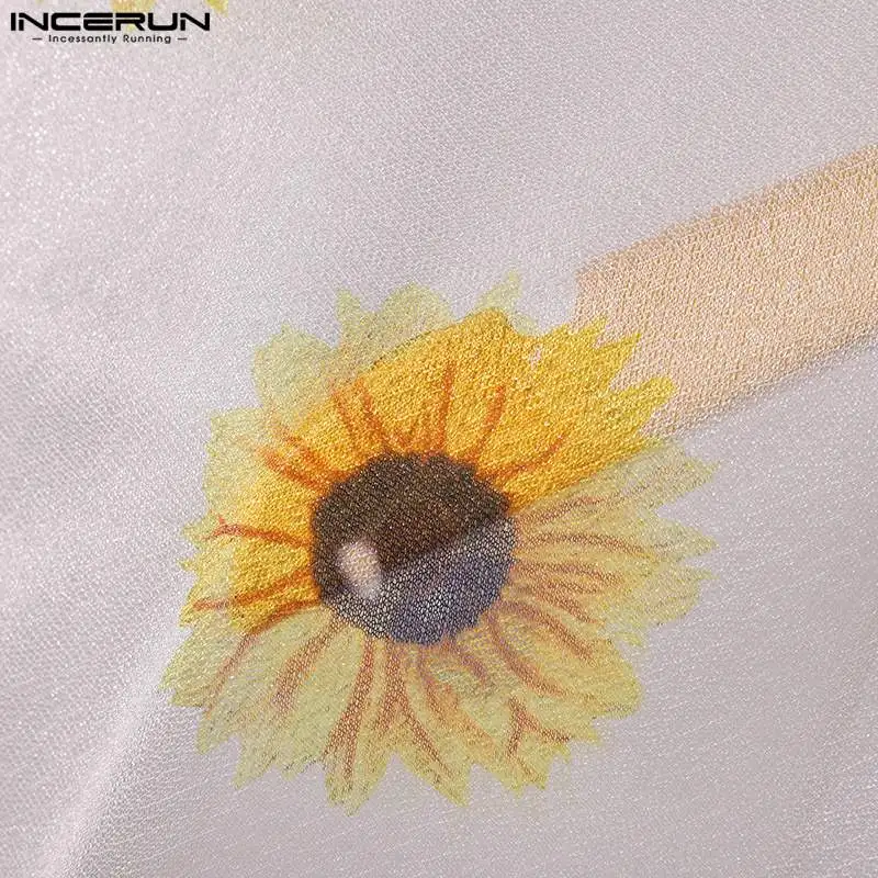 INCERUN Tops 2024 Korean Style Men Dense Mesh Perspective Sunflower Printed Shirts Summer Casual Male Short Sleeved Blouse S-5XL