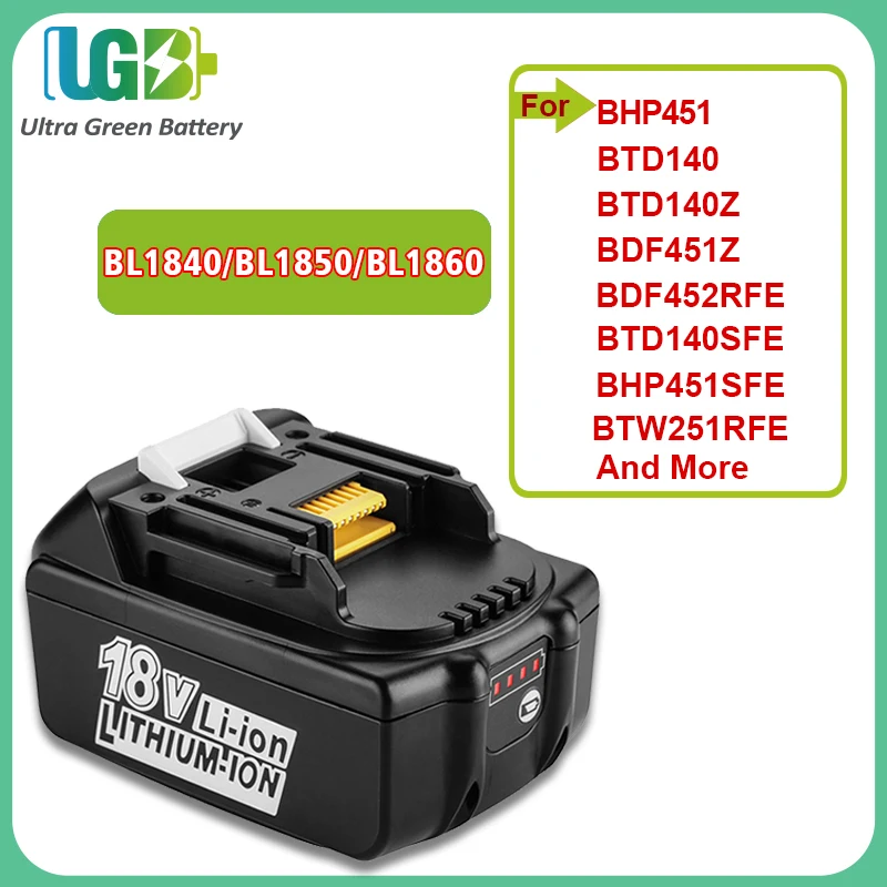 

UGB Новый BL1840 BL1850 BL1860 Аккумулятор для Makita BHP451 BHP451SFE BDF451 BDF451Z BDF452RFE BVR450RFE 18В литиевая батарея