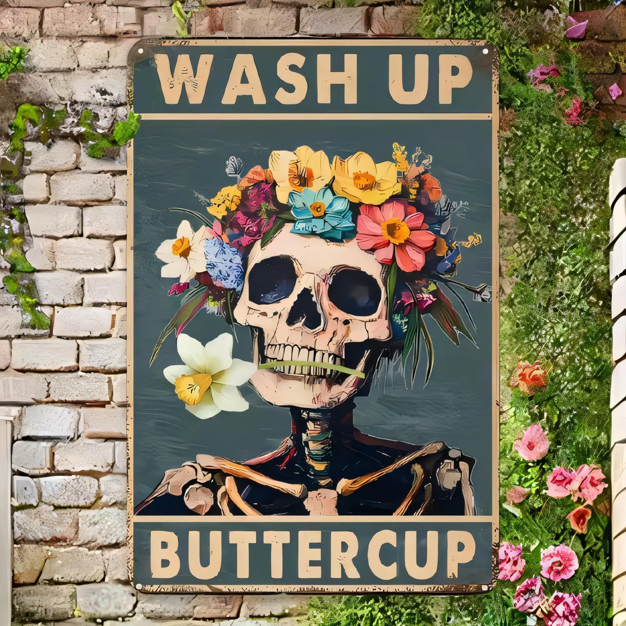 Tin Sign Wash Up Buttercup Vintage Skull Floral Poster Metal Sign Wall Art for Bathroom Kitchen Bar Retro Shabby Chic Plaque Hom