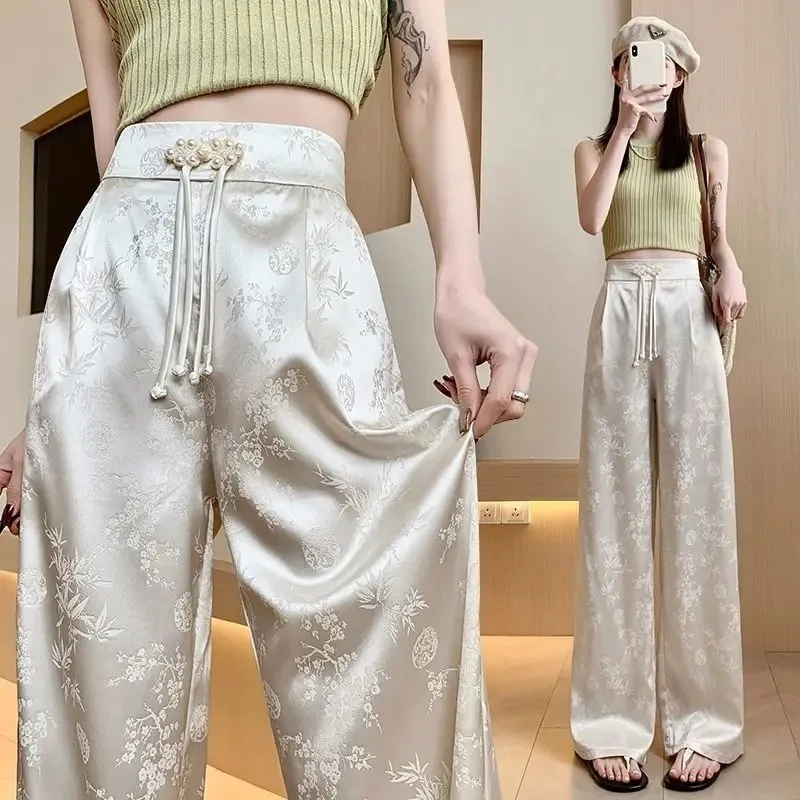 Women Summer Thin Ice Silk Flower Pants Lace Up Cool  Korean Style Y2k Pants New Satin Straight Pants