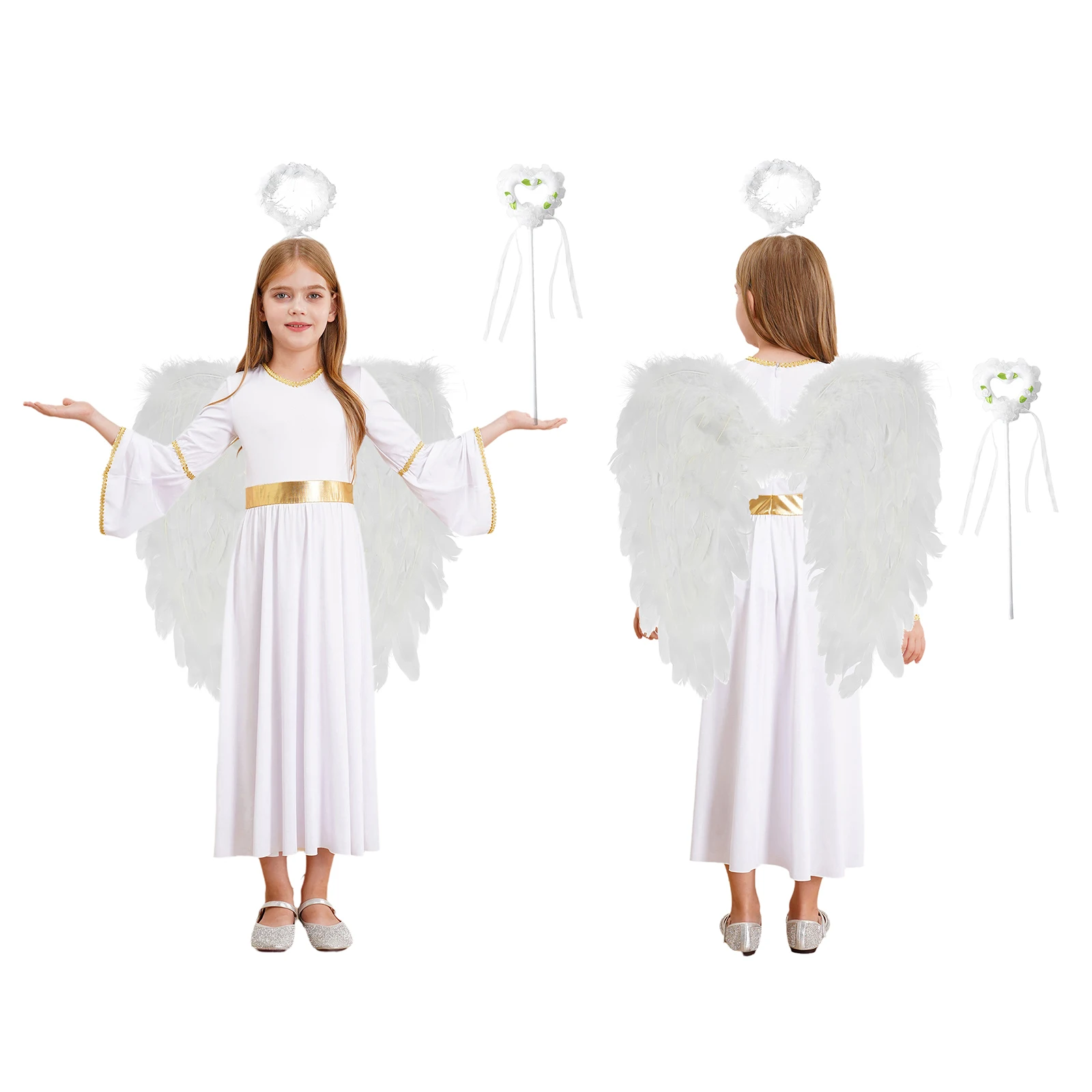 4Pcs Girls Angel Costume Angel Dress for Halloween Dress Up Party Performance Cosplay with Angel Wings Headband And Fairy Stick