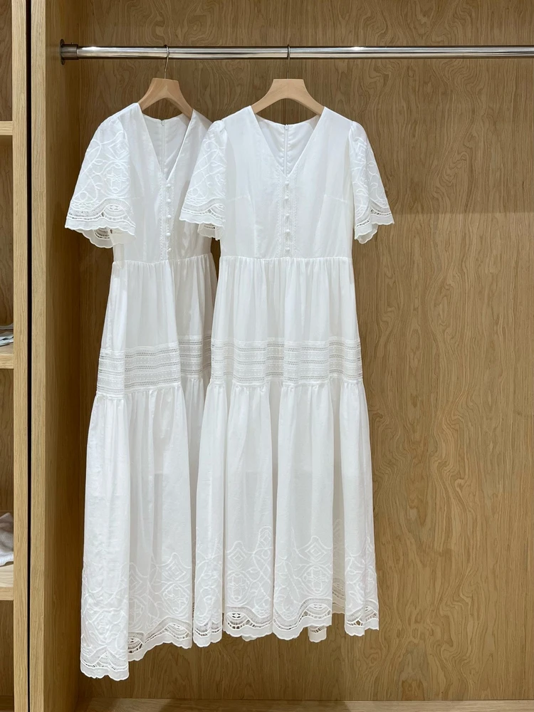 

Sweet n Sle Embroidered Lace ort Sve V-Ne Dr Women's Fairy Aosphere Long Dr Korean Summer Casual Dr