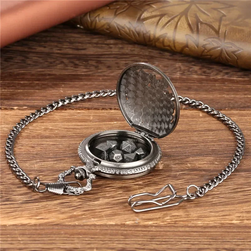 Retro 7 X Metal Polyhedral Dice Role Play Gaming Dices with Guitar Flower Design Pocket Watch Case FOB Chain Gift view 2