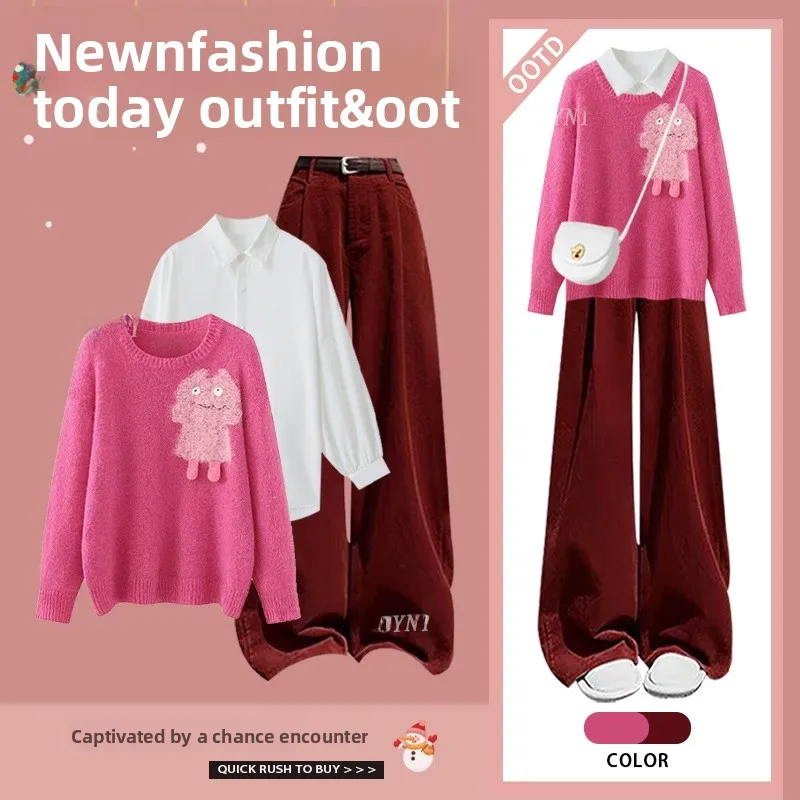 

Autumn Winter College Style Knitted Sweater Set Women Soft Youthful Casual Pants Three Piece Set Fashionable Comfortable Poly...