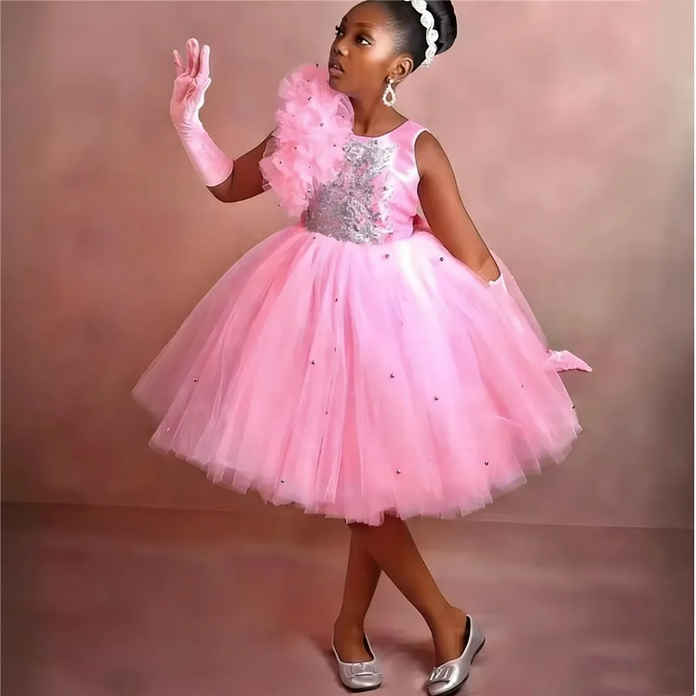 

Pink Customized Satin Flower Girl Wedding Dress Appliques Sleeveless with Bow Princess Kids Birthday Party Prom Cummonion Gown
