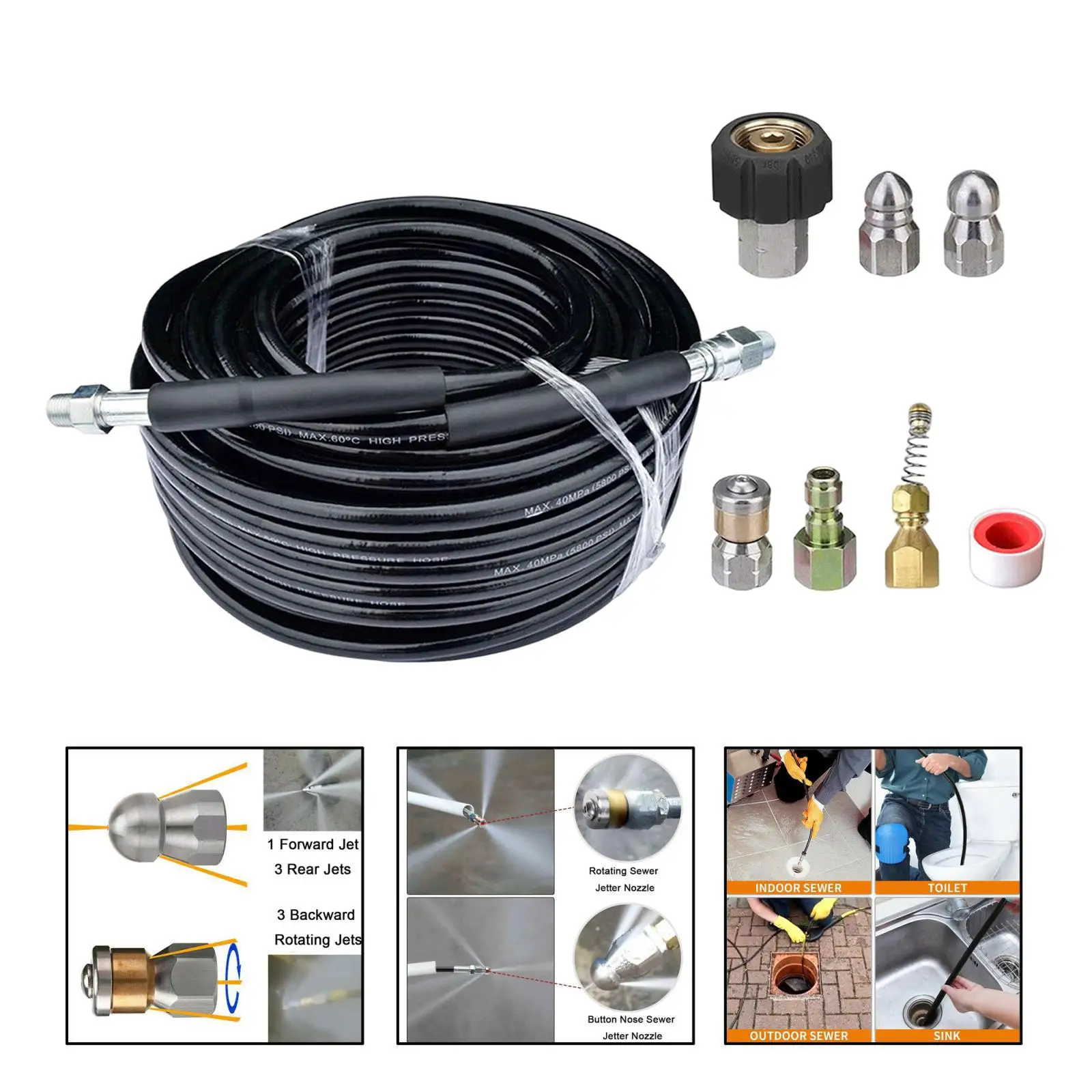 

High Pressure Washer Hose Quick Connect Heavy Duty Sewer Jet Hose Button Nose Drain Cleaner Hose Jetter Set for Toilets Kitchens