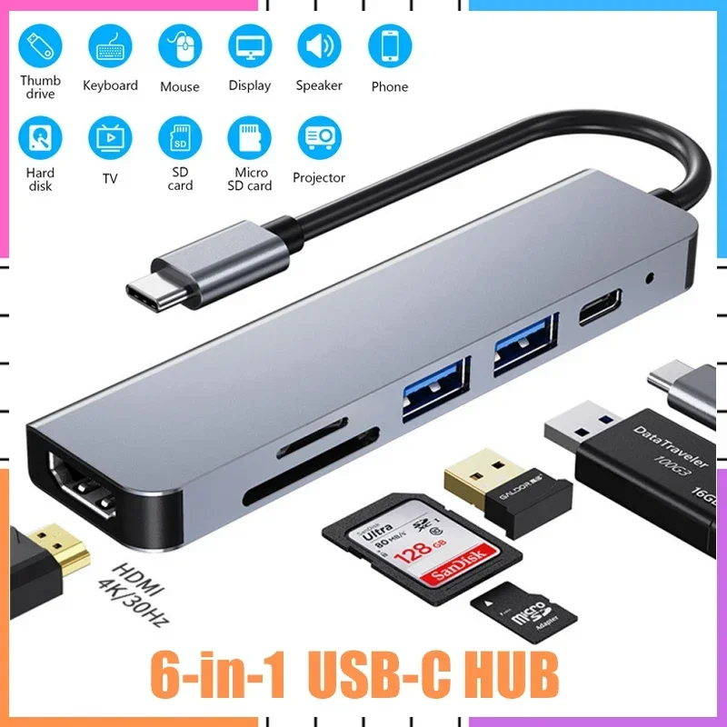 

6 in 1 USB C Hub HDMI Type C Hub with Charging 3.0 USB Hub Type C 6 in1 Multiport Adapter for Laptop and More Type