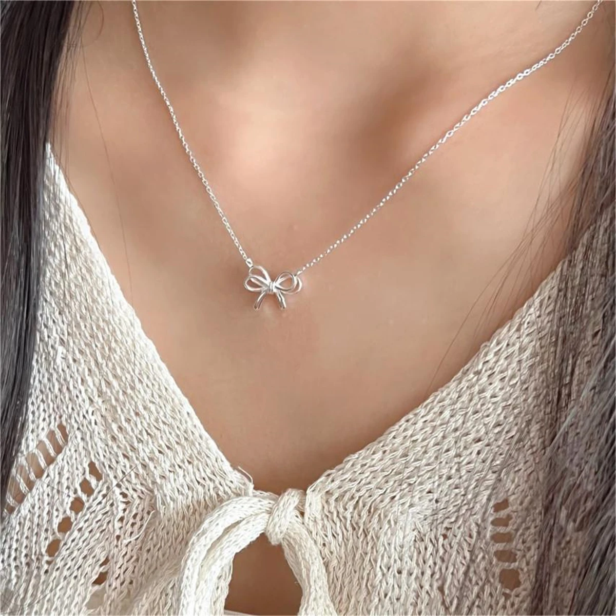 New Spanish overseas niche basic O-shaped chain bow fresh and sweet women\'s necklace copper plated gold