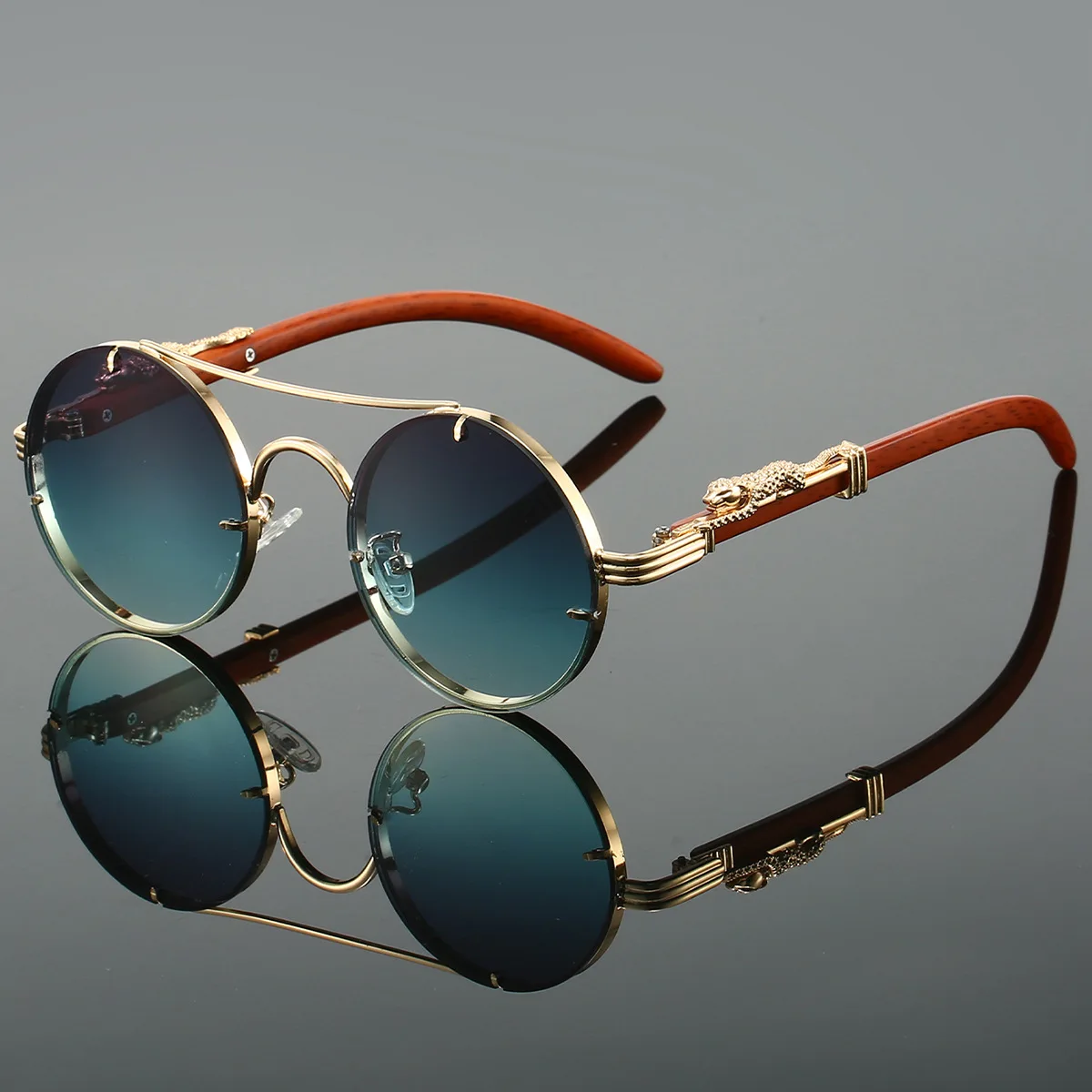 Vintage Double Bridge Round Sunglasses Cheetah Decoration Designer Metal Frame Sun Glasses For Women Men 100% UV Protection