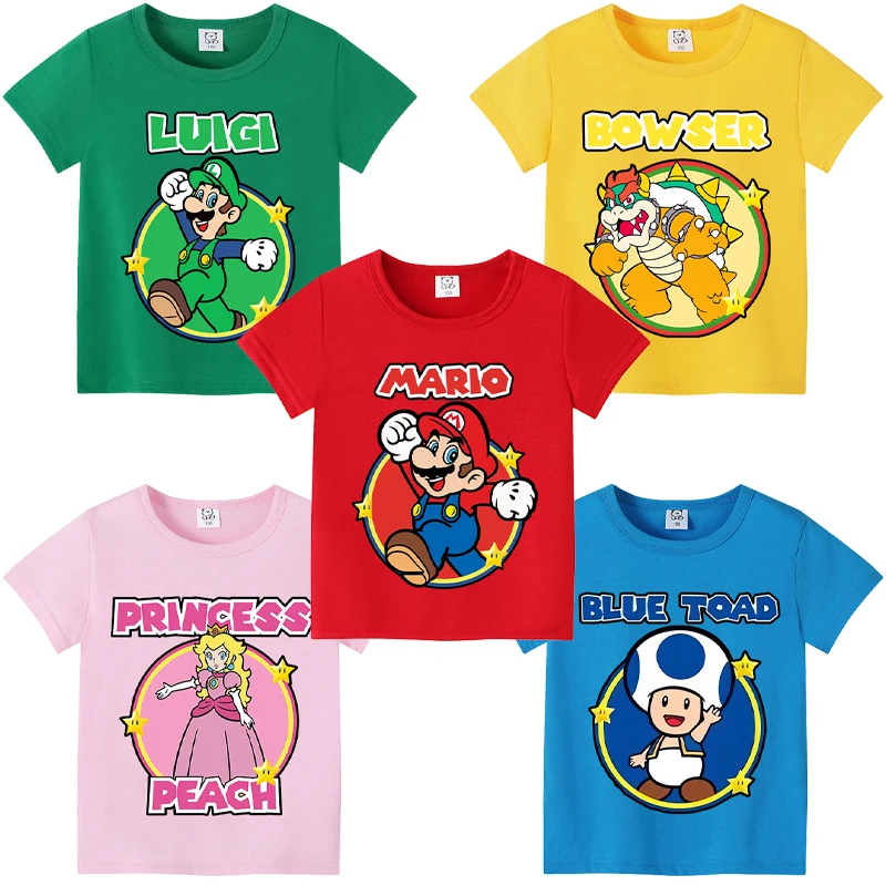 

Милые футболки Super Marioes Bros для мальчиков и девочек, милый топ с короткими рукавами в стиле аниме и мультфильмов, детская летняя модная футболка, детская одежда