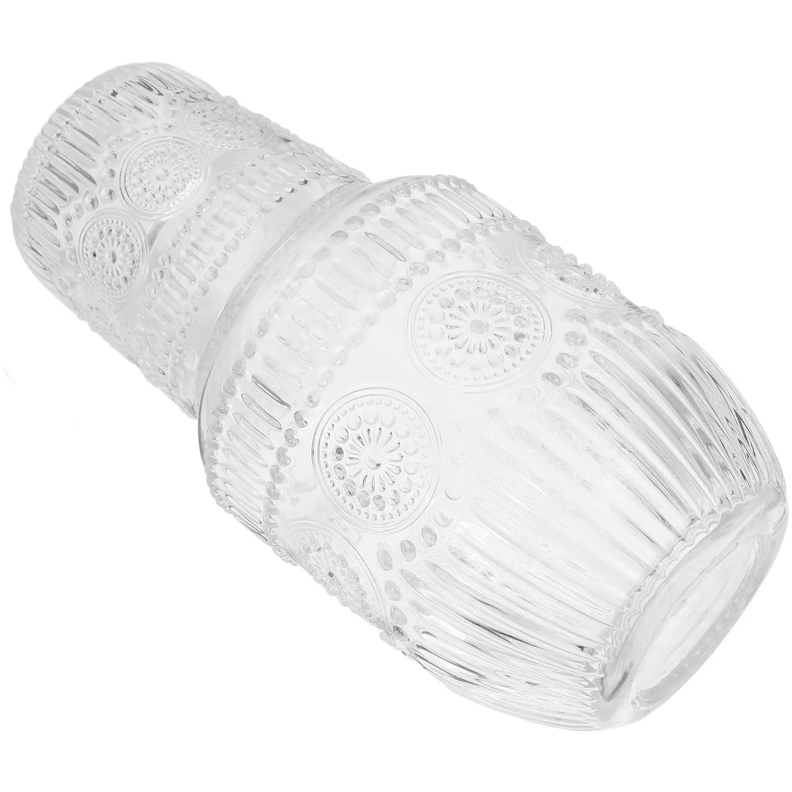 Glass Carafe Set Sunflower Embossed Water Bottle with Tumbler Cup Lid for Bedside Cold Beverage Serving