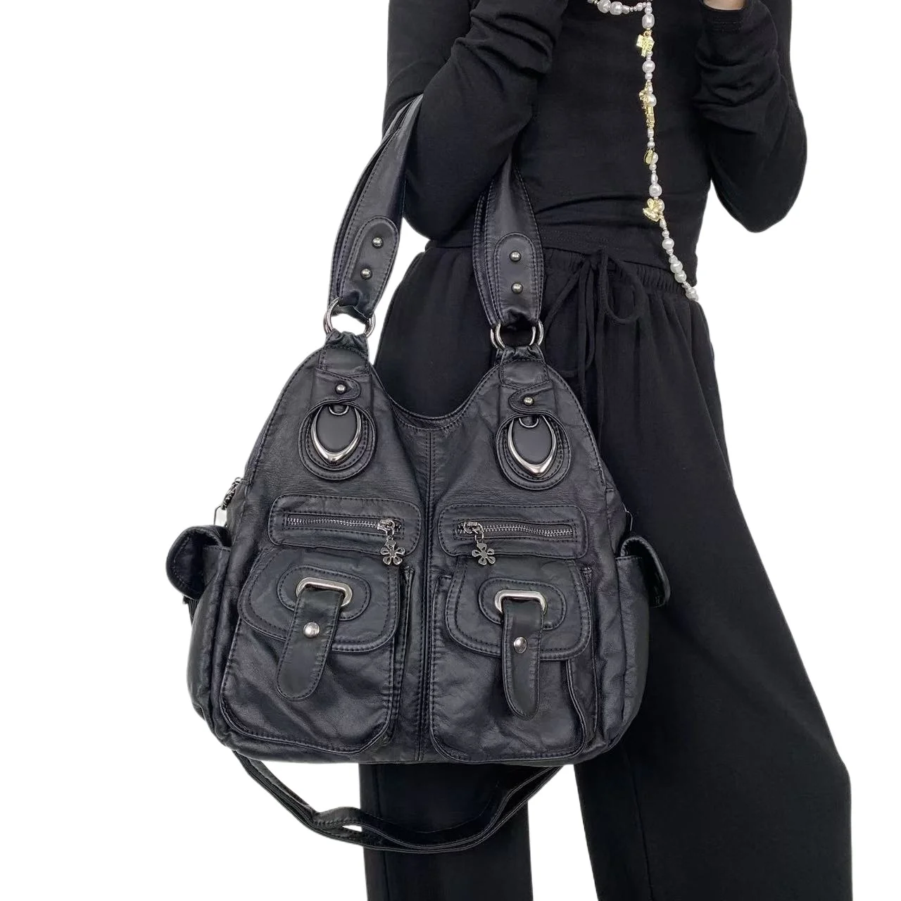 Ladies' vintage motorcycle tote bag, washed spicy girl wasteland style multi pocket shoulder bag