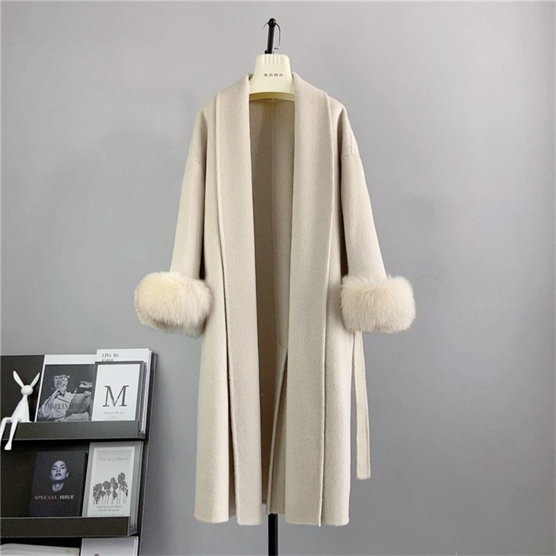 

PT450 Women Girl Wool Double-faced Tweed Long Coat Lady Lace-up Fox Hair Removable Cashmere Tweed Winter Elegant Jacket