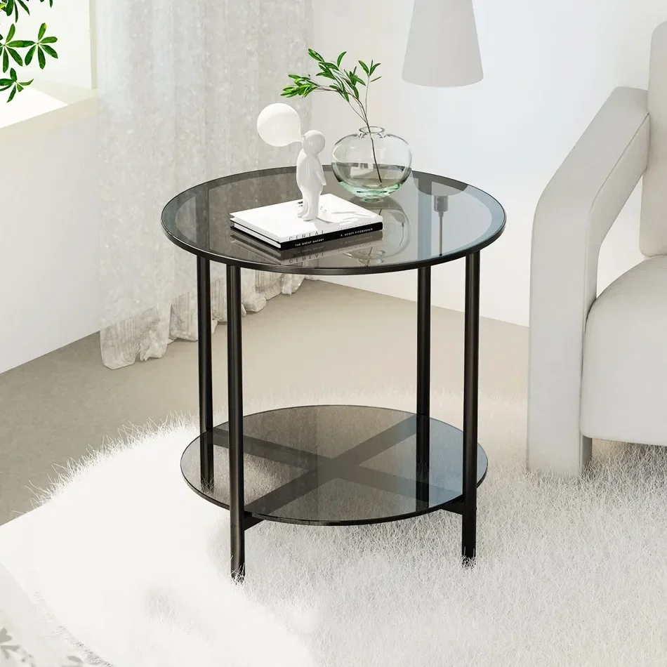 Round Tempered Glass Coffee Table Living Room Sofa End Table with 2-tier Storage for Home, Office