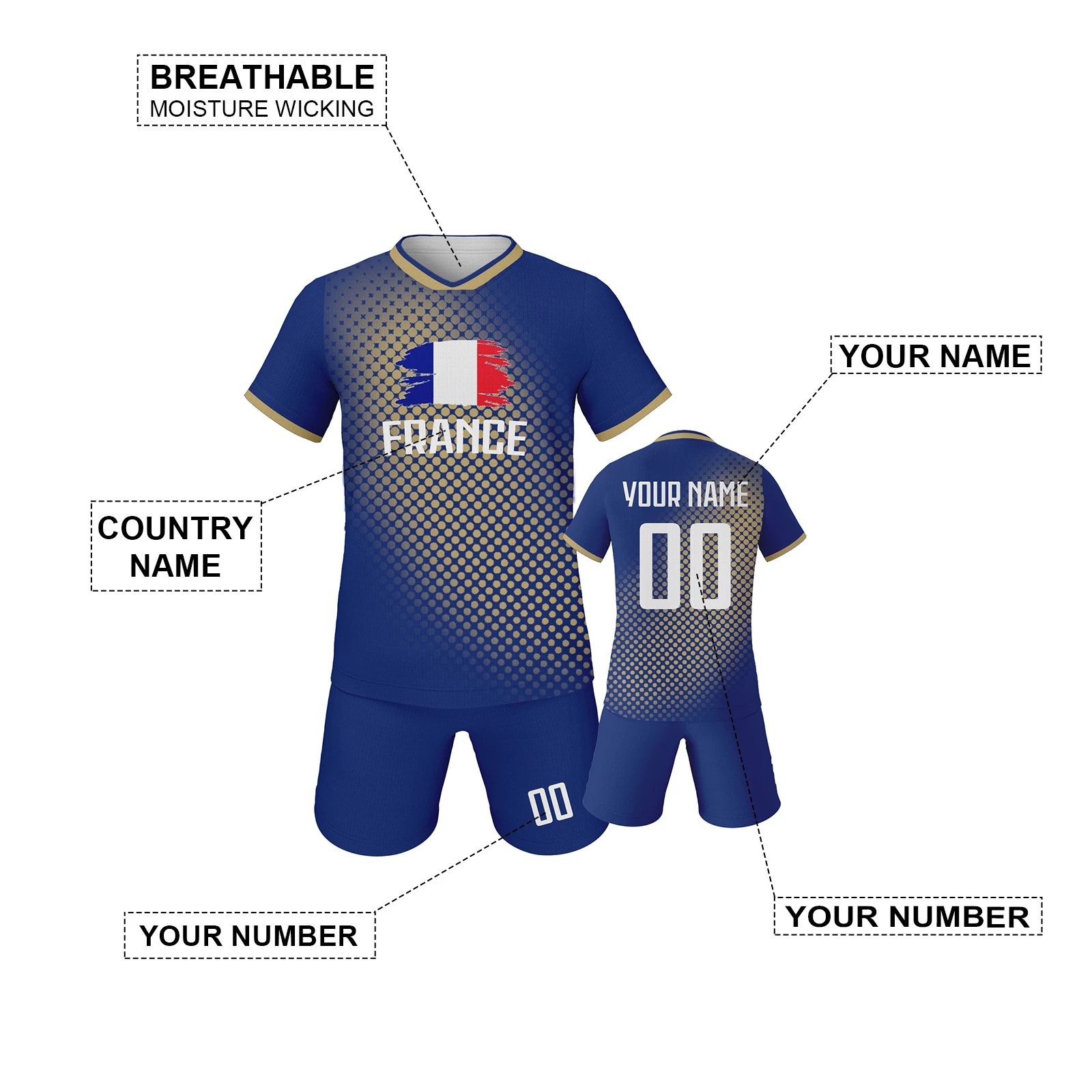 France Kids Football Jersey Custom Soccer Kit Youth Team Uniform Personalized Name Number Training Set Boys Girls Fans Gift