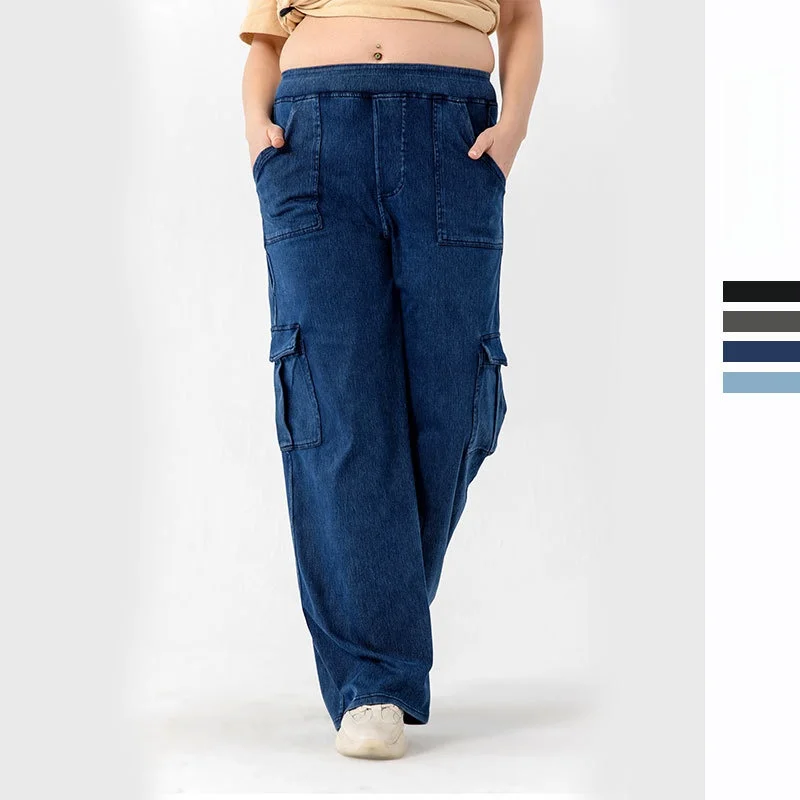 Calça cargo feminina extra longa plus size, cintura alta, jeans, pernas largas, com bolsos duplos, estilo casual esportivo