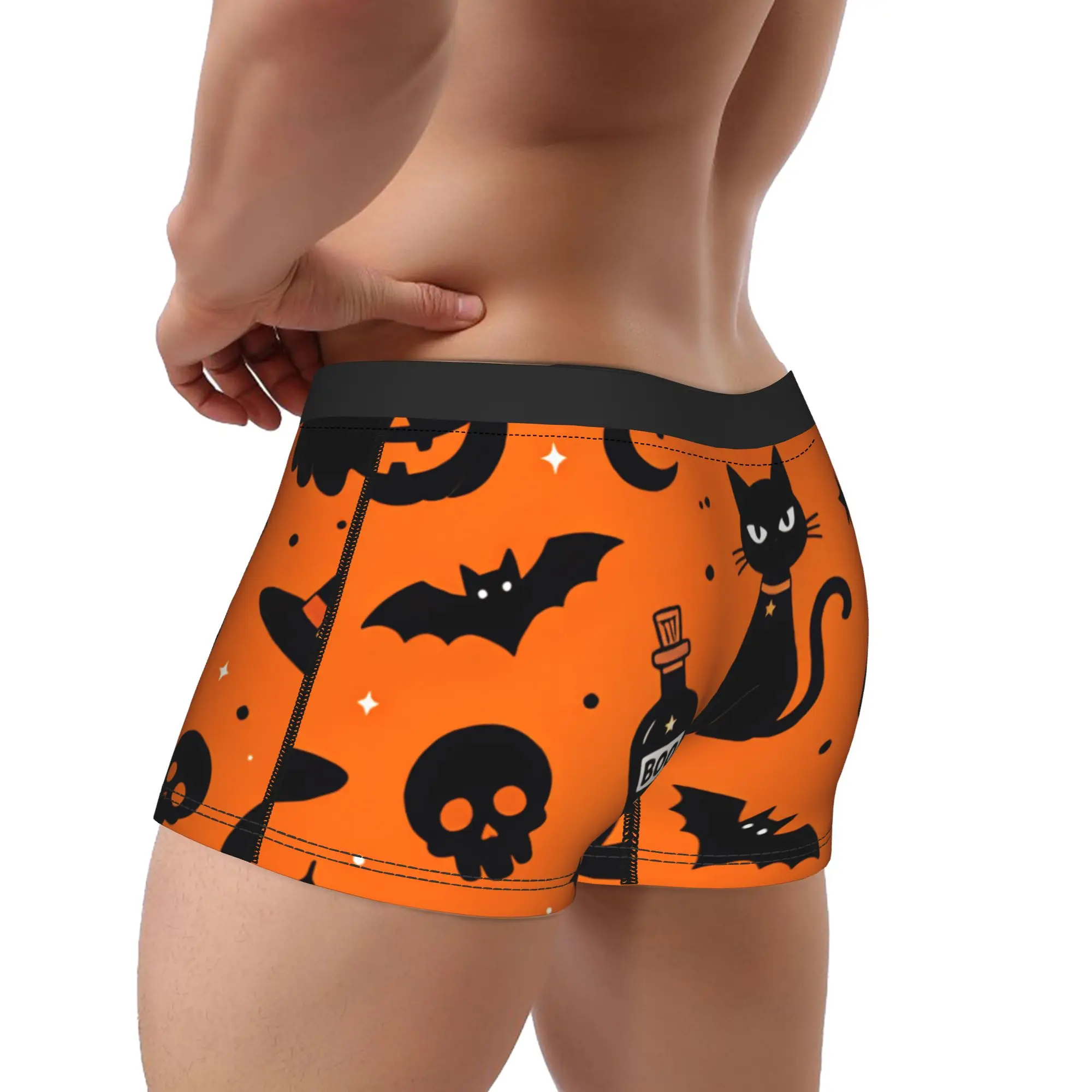 Halloween Ghost Cat Bat Pumpkin Witch Hat Orange Seamless Pattern Underwear Comfortable Underpants Pattern Shorts Briefs For Men
