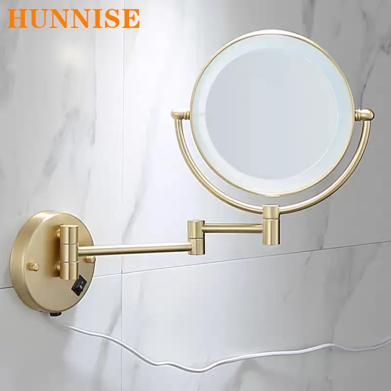 Brushed Gold LED Bathroom Mirrors Quality Brass Folding Magnifying Hotel Bathroom Makeup Mirror LED Light Bathroom Mirrors