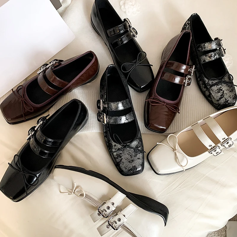 

2024 Luxury Women Square Toe Bow Mary Jane Single Shoes Real Genuine Leather Flat Bottom Rivet Belt Buckle Ballet Loafers Flats