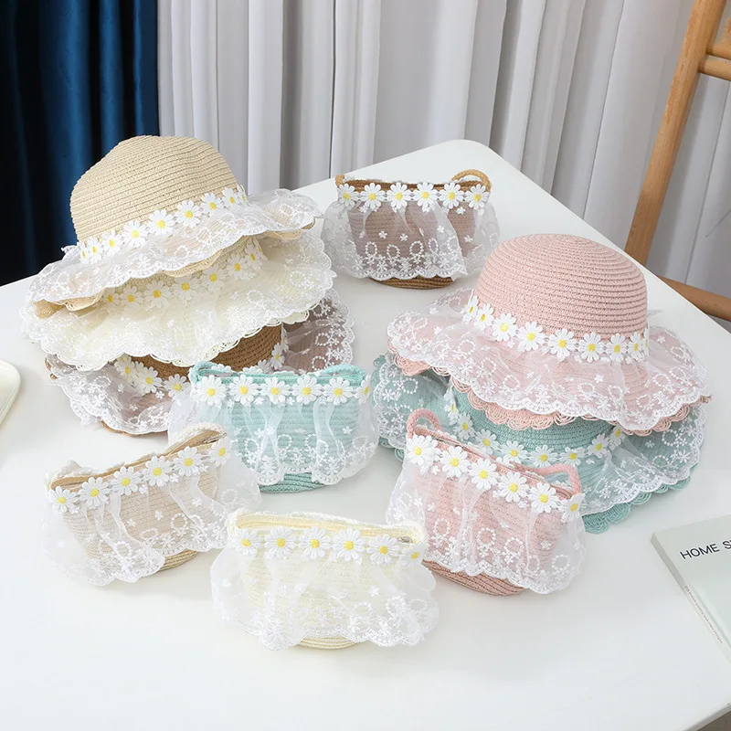 Kids Lace Flower Straw Hat Bag 2 Pcs Set Girls Summer Outdoor Beach Cap Travel Beach Sun Hat Bag Set Panama Hat