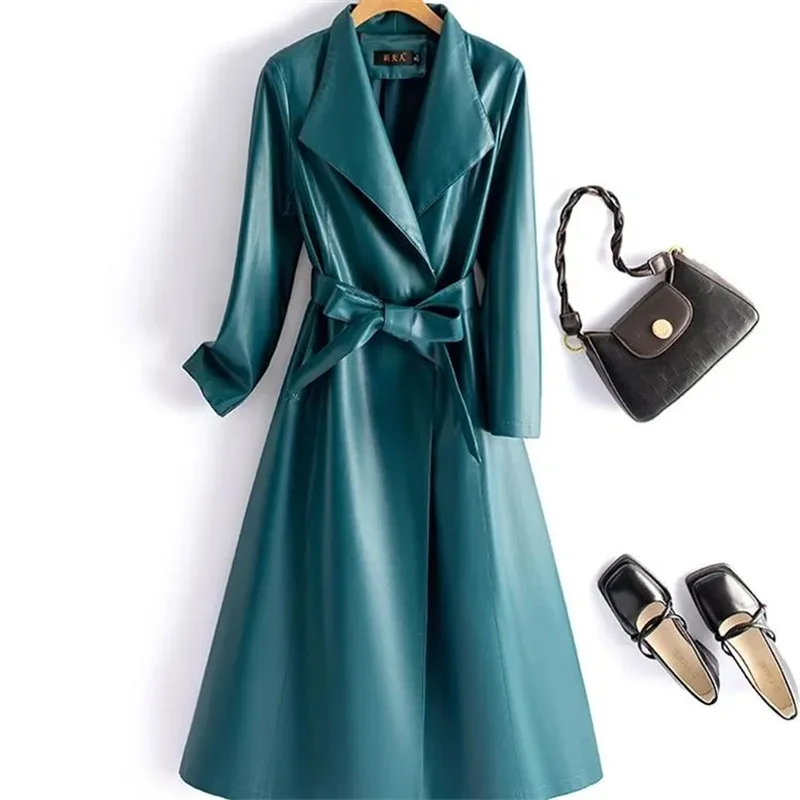 Autumn Winter New High Quality PU Leather Coat Women medium to long Slim Suit Collar Leather Jacket Female's Windbreakers Coat