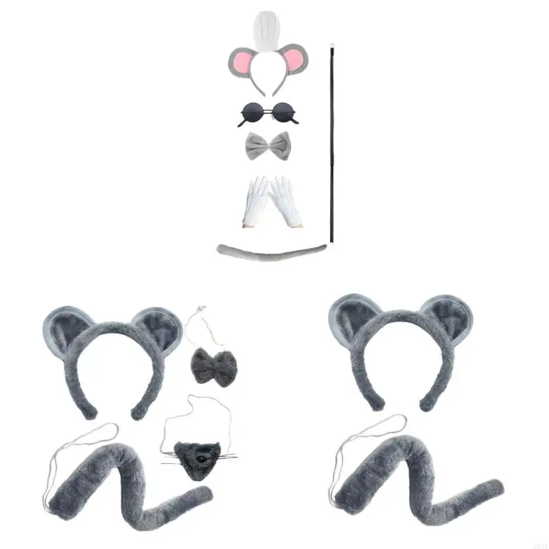 2025 New 2/4/6Pcs Mouse Ears Headband Tail Nose Glasses Mouse Costume Set for Kids Halloween Animal Cosplay Costumes Accessories