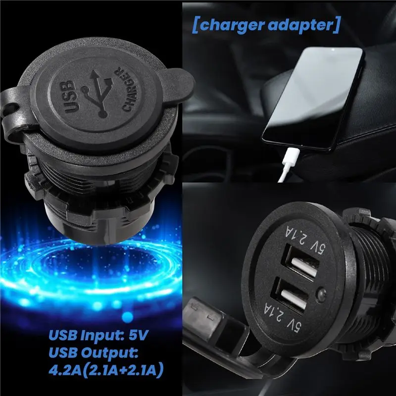 AU33-12V-24V Car Vehicle Waterproof 5V 2.1A + 2.1A Dual USB Power Sockets Outlet
