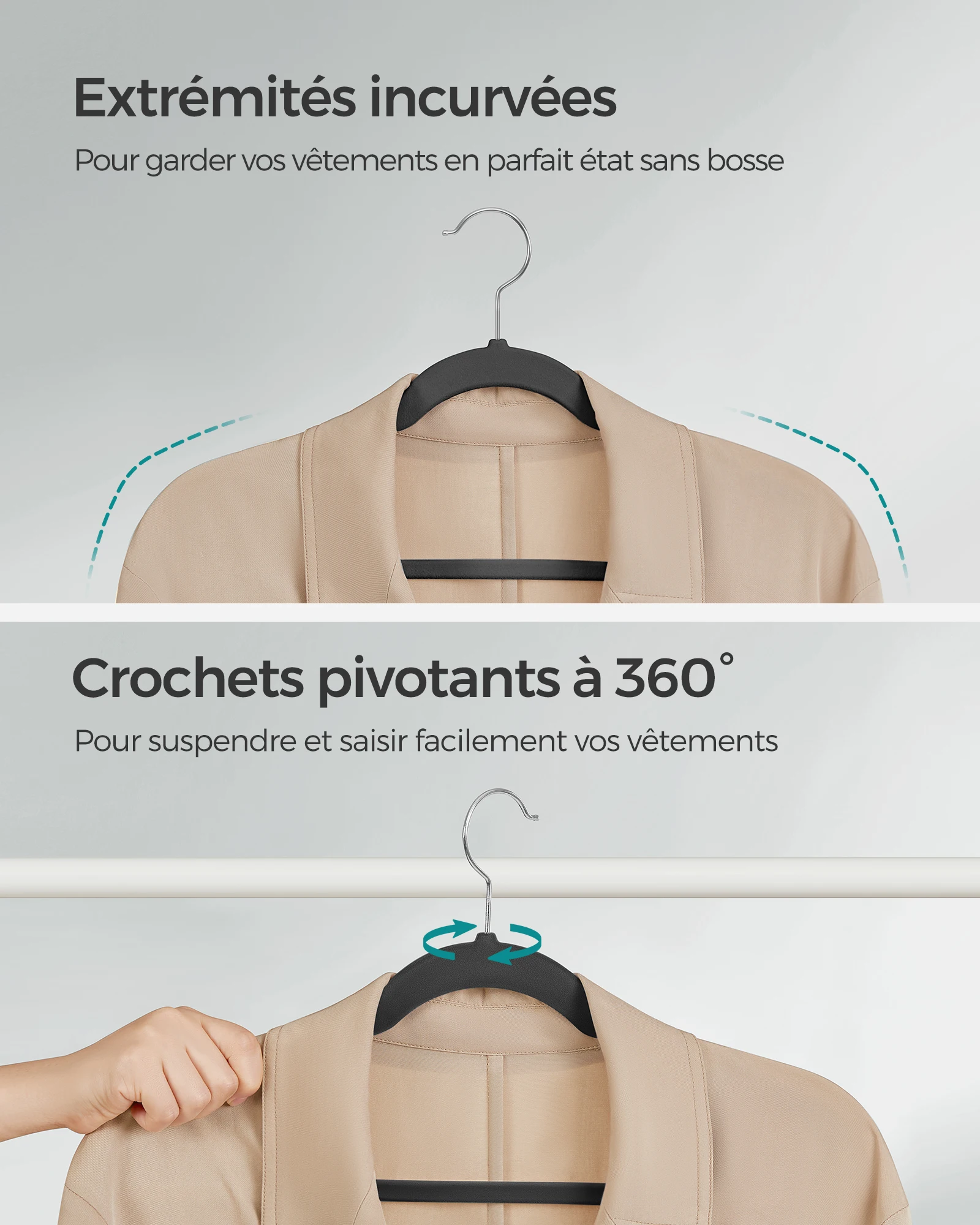 شماعات مخملية، عبوة 30/50، غير قابلة للانزلاق، مع شقوق، شريط بنطلون، 360 درجة ° خطاف دوار، موفر للمساحة، سمك 0.6 سم، طول 43 سم #6