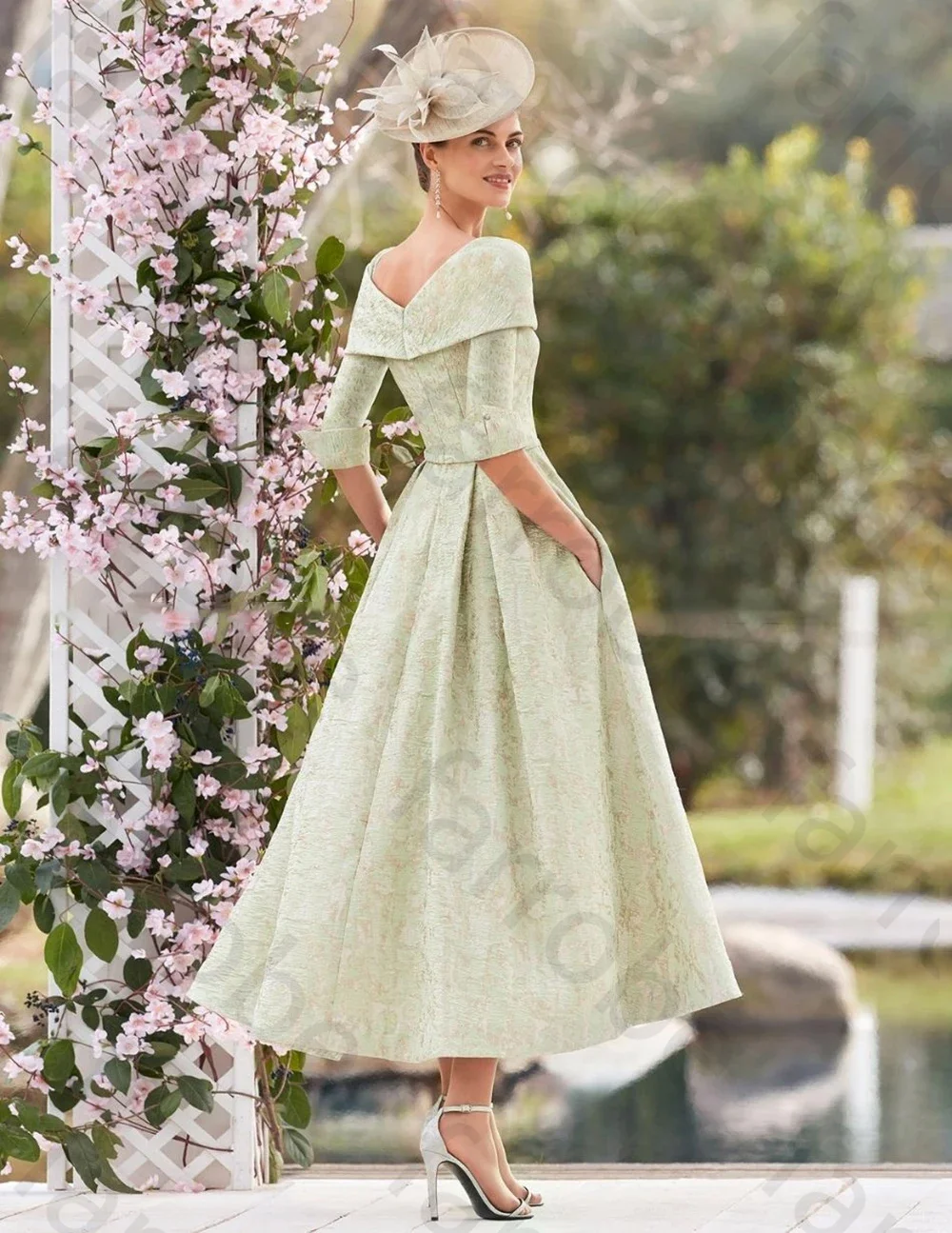 Customized Sage Mother of the Bride Dress Tea Length Bateau Neck Evening Party Gowns 3/4 Sleeves Mother Groom Dresses For Women