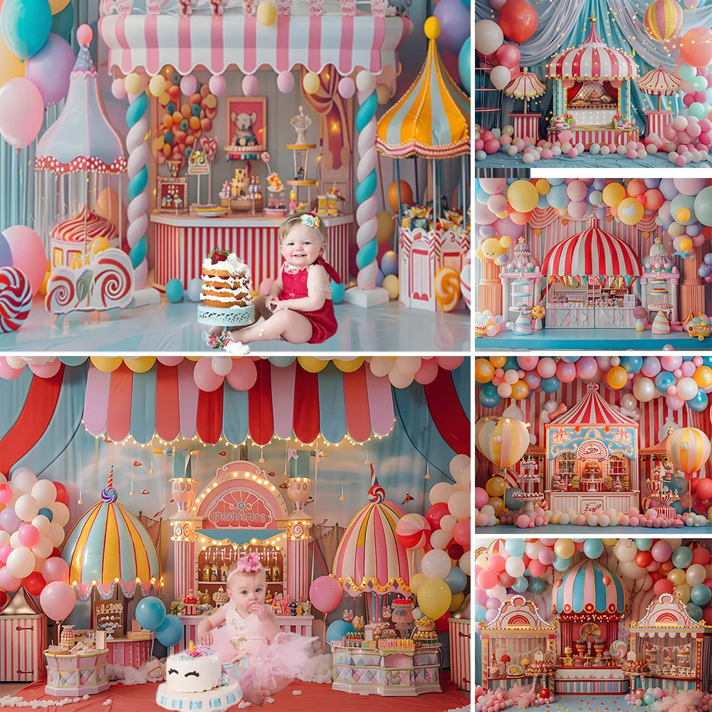 Mocsicka Circus Birthday Party Background for Kids Dessert Candy Balloon Pink Backdrop Girl Cake Smash Photography Studio Booth