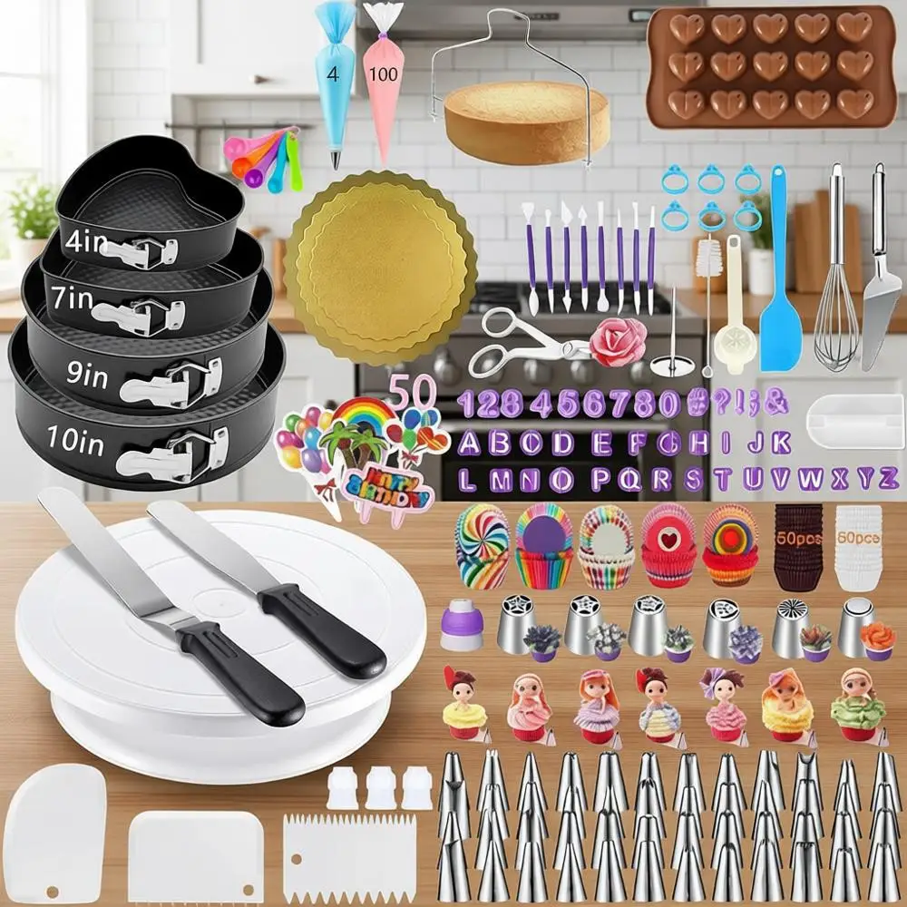 

Complete 540-Piece Cake Decorating Set with 4 Springform Pans, Rotating Turntable, and Essential Tools for Beginners