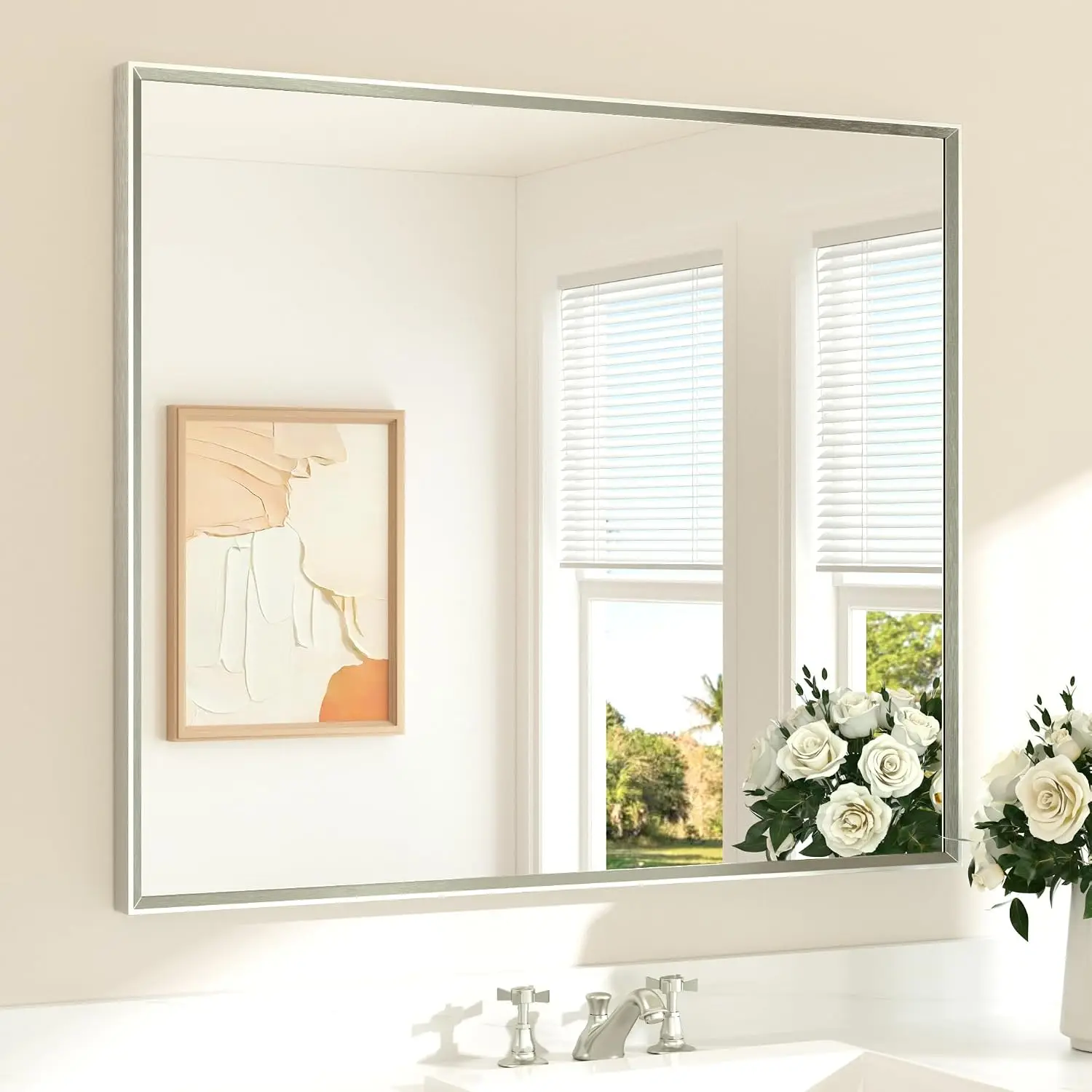 Rectangle Brushed Nickel Beveled Frame 42 X 36 Wall Mirror Tempered Glass Over Sink Bathroom Vanity Modern Farmhouse Bedroom Ent