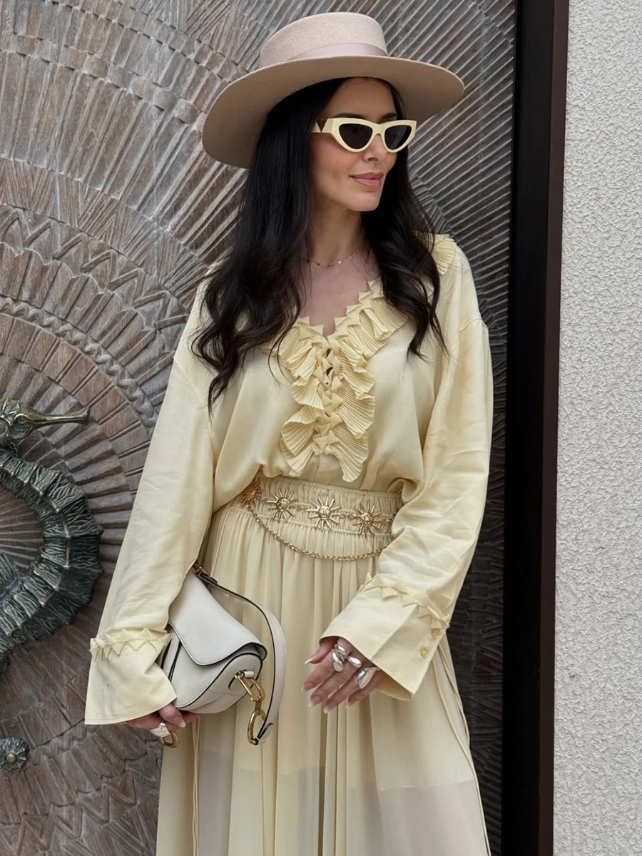 แฟชั่นผู้หญิงชีฟองขนาดใหญ่เสื้อ 2025 ฤดูใบไม้ผลิRuffleยาวพัฟเสื้อTop Trend Chic VคอLace Up Ladyจีบเสื้อ