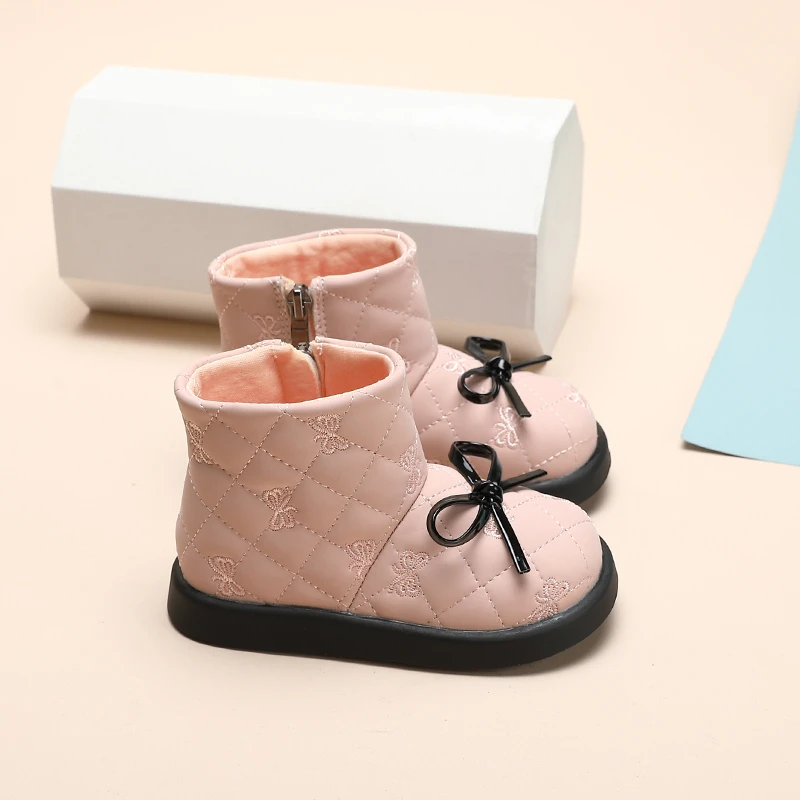 Beige/pink Girls Boots with Flat Bottomed Low Cut Side Zipper Bow Anti Slip and Warm Winter Microfiber Leather Fashion Boots