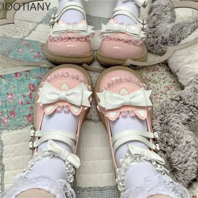 Damskie japońskie baleriny Mary Jane na średnim obcasie, buty Lolita ze skóry PU, wysokie obcasy, buty ślubne, do odgrywania ról, urocze buty cosplay z kokardą.
