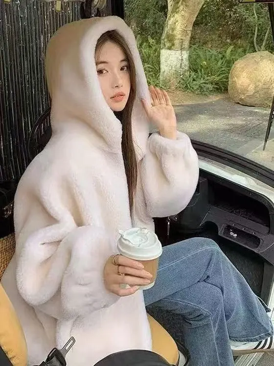 

Winter Thiened Long Coat Women's Fur Jaet Eco-friendly Synthetic Mink Velvet Loose Fit Princ Sle Zipper Closure Hood