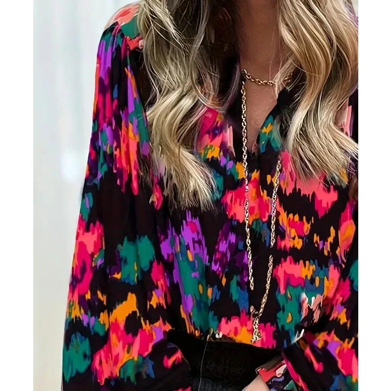 Blus Lengan Puff Cetak Celup Dasi Wanita Baru Ukuran Besar 1XL-5XL Blus Wanita Modis dan Nyaman