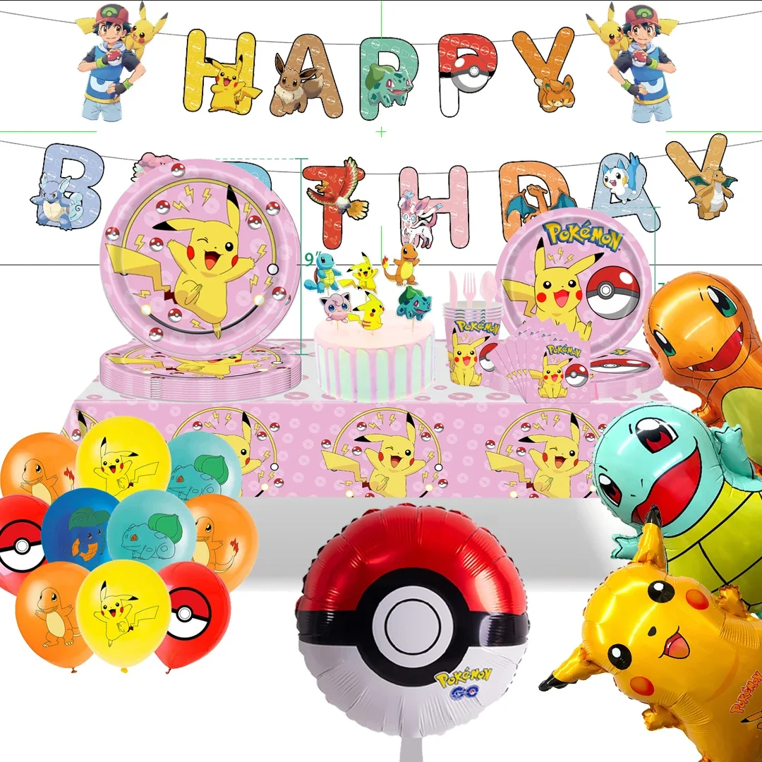 Cute Pokemon Birthday Party Decorations Pikachu Balloons Disposable Tableware Plate Napkin Backdrop For Kids Boy Party supplies