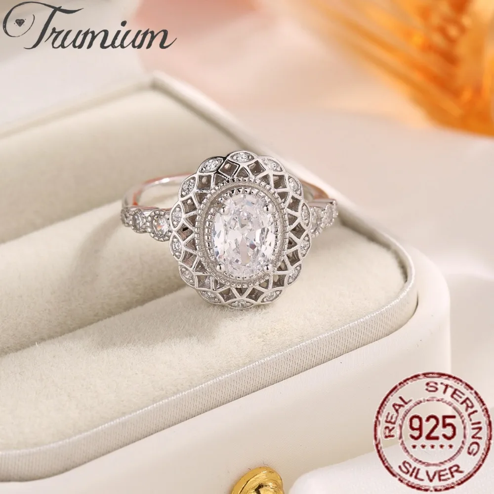 

Trumium Genuine 925 Sterling Silver Big Oval Zircon Diamond Rings for Women Luxury Engagement Wedding Band Jewelry Accessories